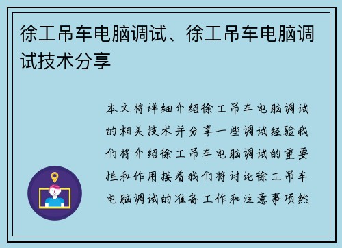 徐工吊车电脑调试、徐工吊车电脑调试技术分享